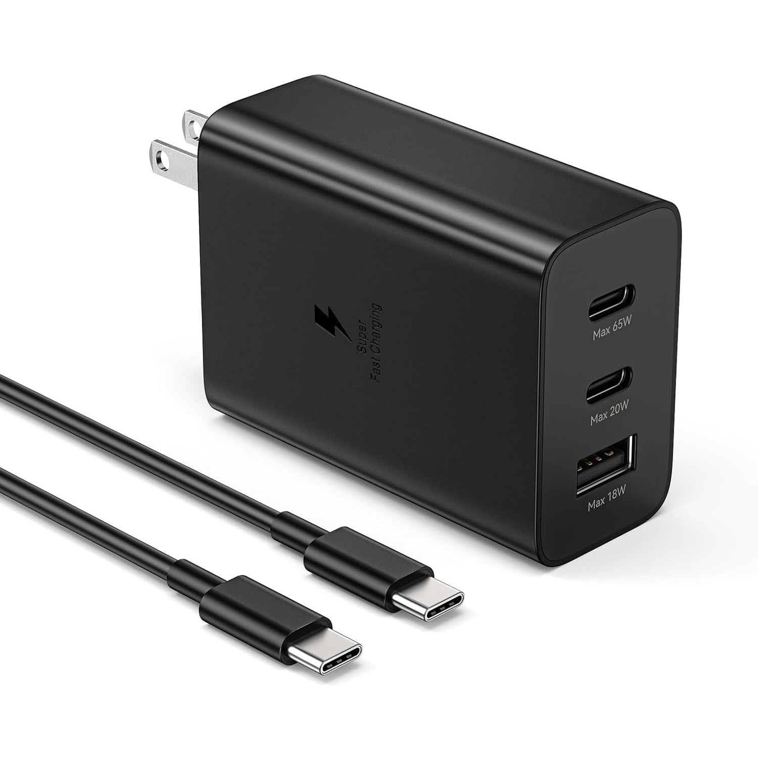 Adaptateur secteur mural à charge ultra rapide (65 W) avec 2 ports USB-C et USB-A et câble USB-C de 1 m Adaptateur secteur mural à charge ultra rapide (65 W) avec 2 ports USB-C et USB-A et câble USB-C de 1 m